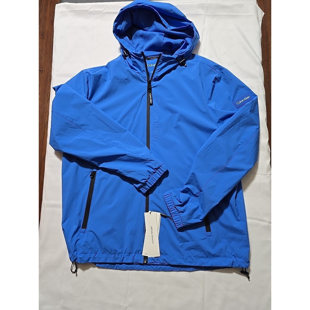 NWT Calvin Klein Hooded Windbreaker Jacket Men's‎ Large Blue Stretch Coat